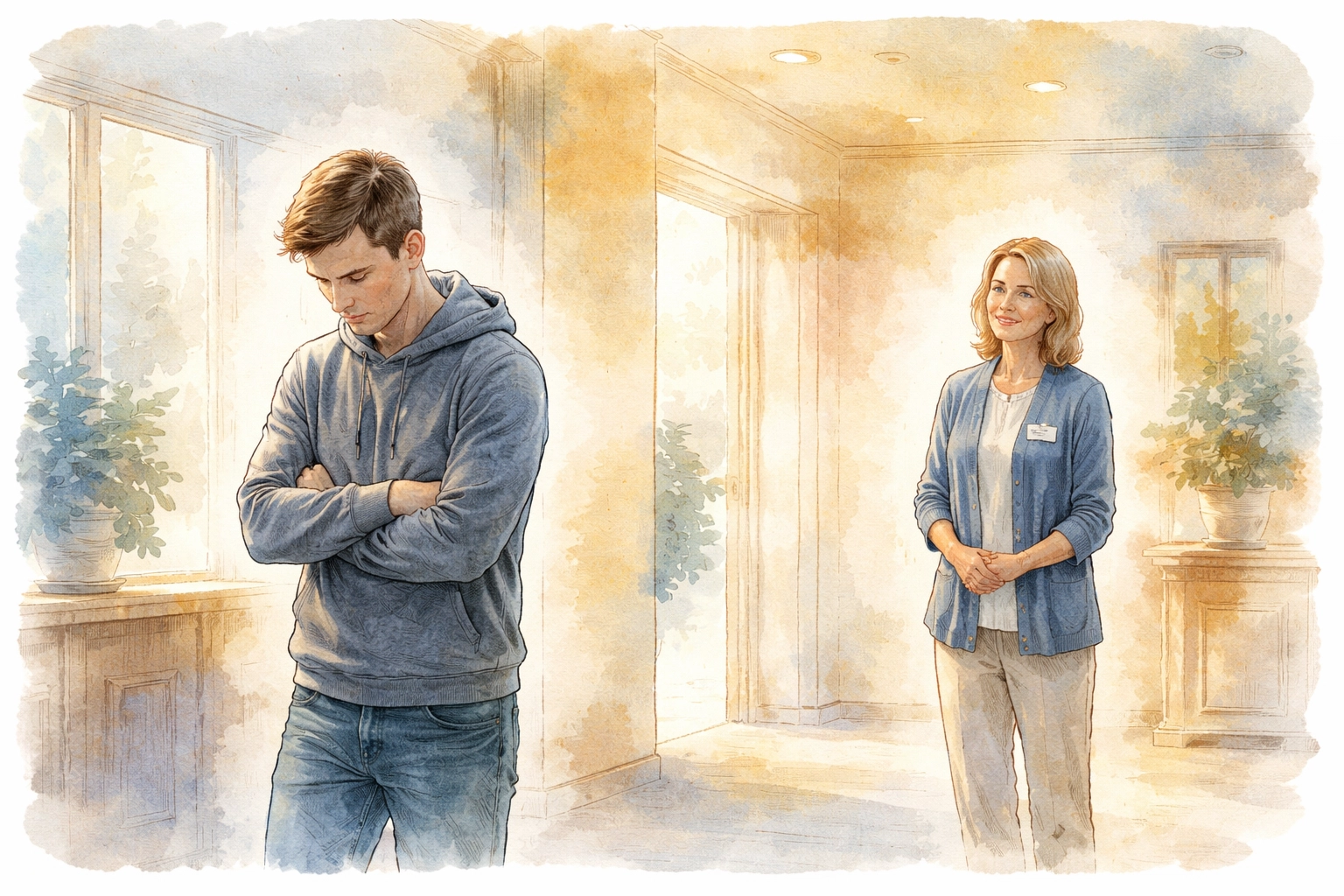 Watercolor illustration of a church greeter observing an anxious visitor displaying closed body language in a sunlit lobby.
