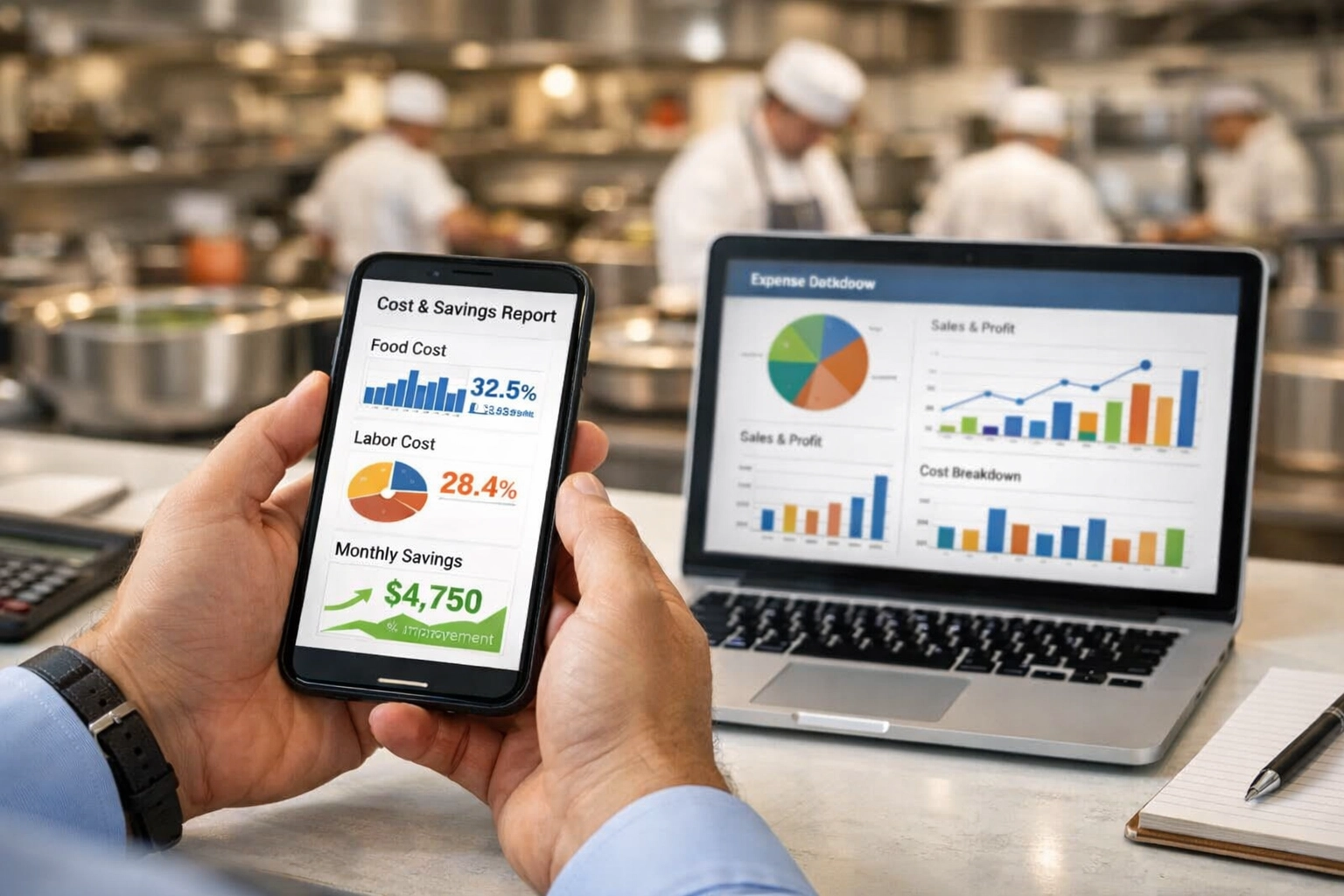 Restaurant manager reviewing cost savings and analytics on smartphone and laptop