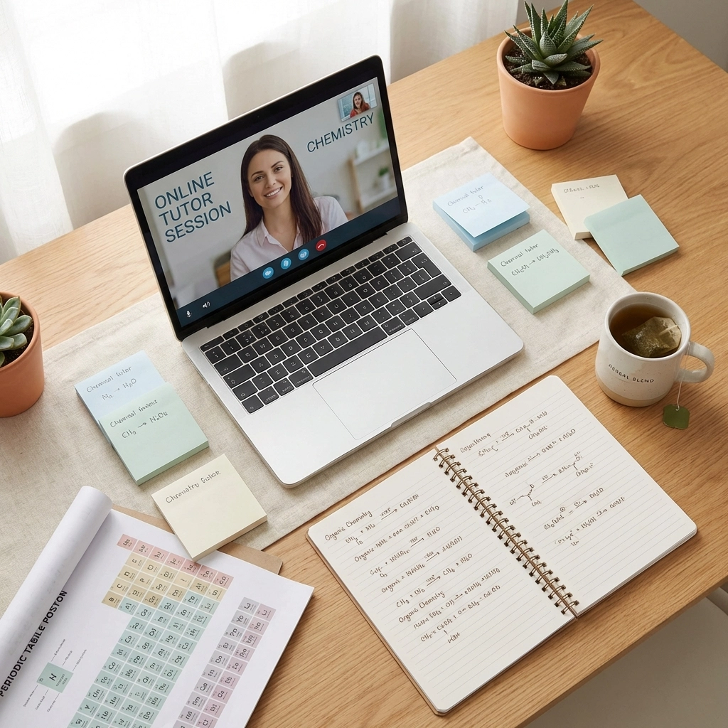 Online Chemistry tutoring workspace with video call, study materials, and friendly, organized setup