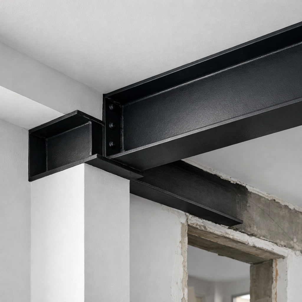 Exposed RSJ steel beam in a Surrey home renovation showing professional structural engineering integration.