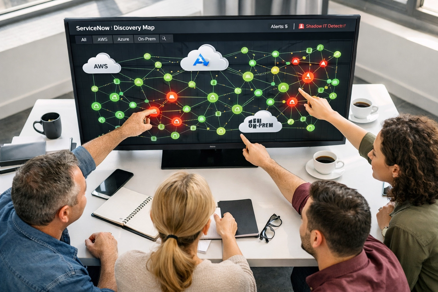 IT team analyzing ServiceNow Discovery map to identify shadow IT assets in multi-cloud environment