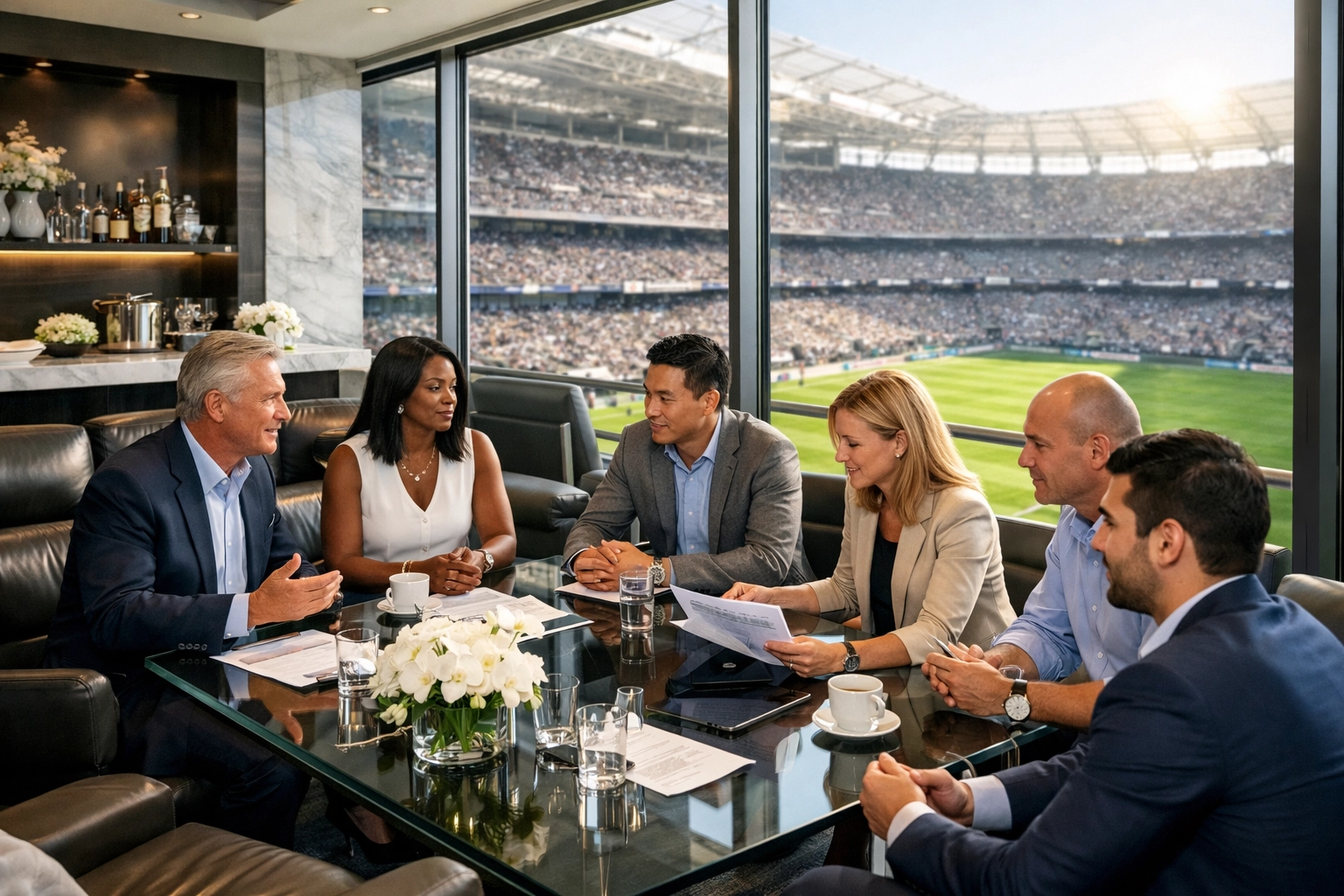 Executives networking in a luxury corporate hospitality suite overlooking a major football stadium.