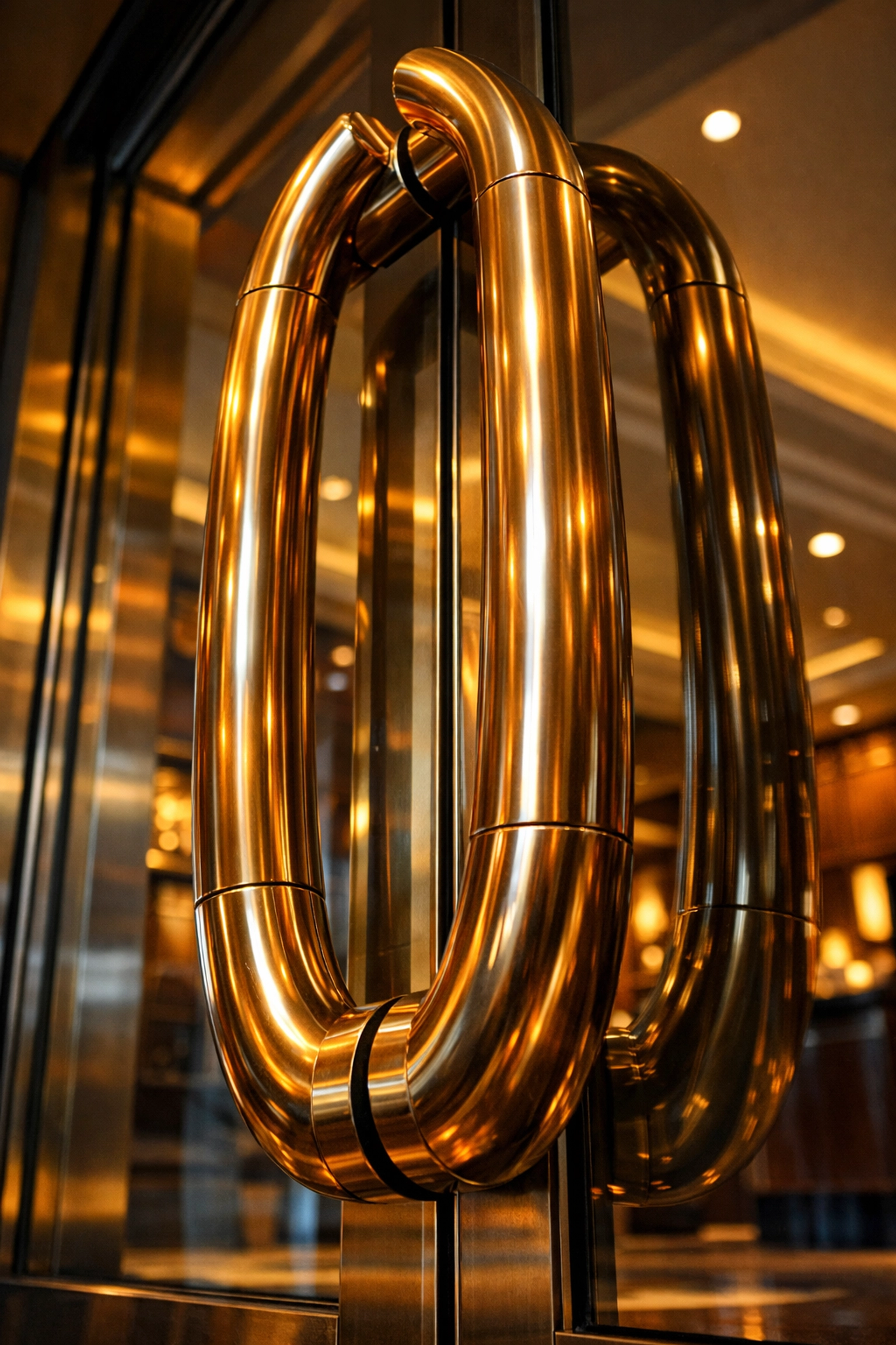 Immaculate bronze door handle in a corporate lobby, illustrating expert high-touch metal cleaning.