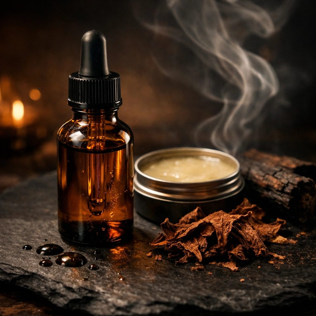 Premium beard oil and wax paired with tobacco leaves and cedar wood representing masculine scents.