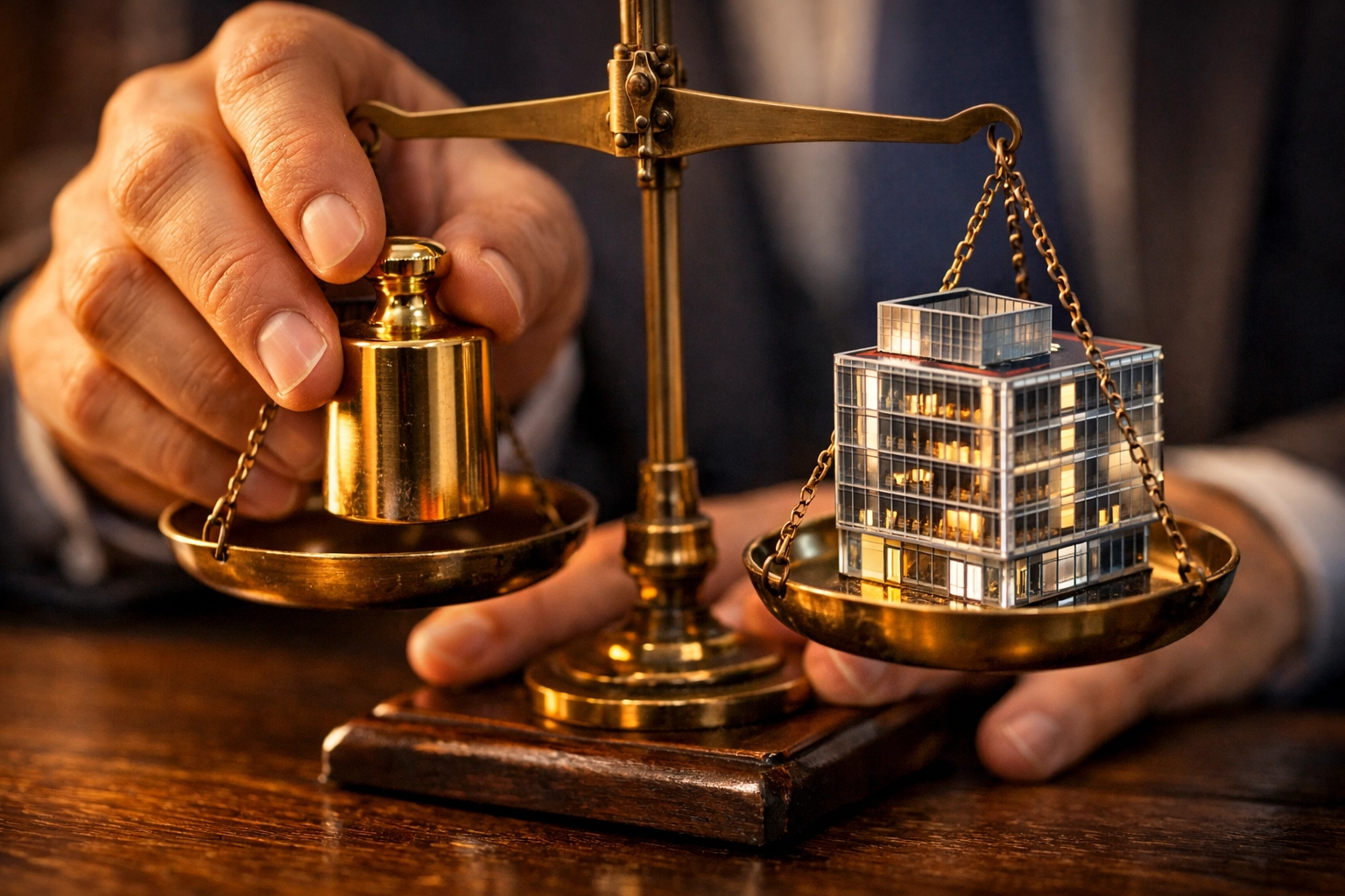 Balancing a commercial property deposit on a scale to illustrate loan-to-value ratio for business loans.