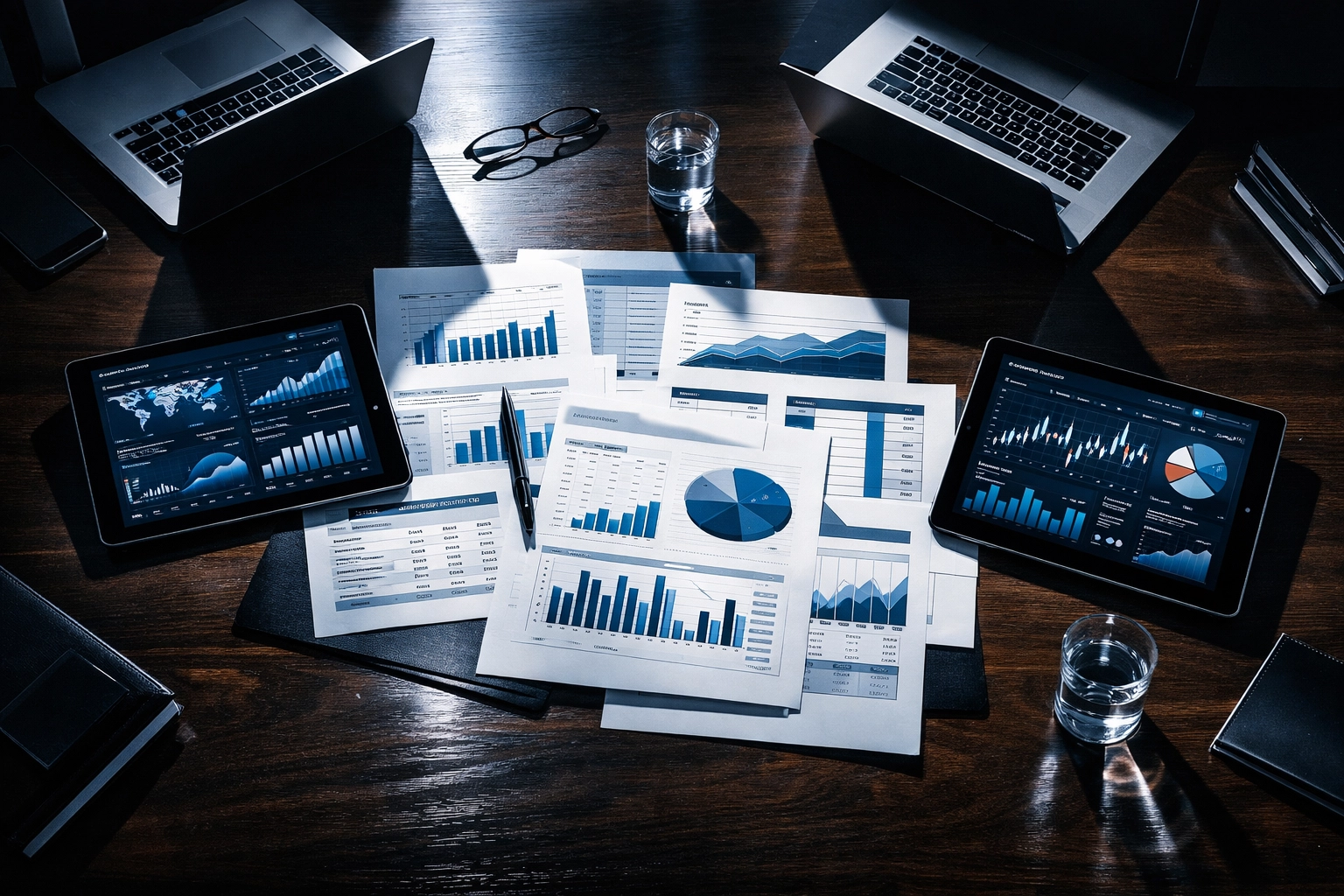 Boardroom table with analytics dashboards showing AI ROI measurement and data-driven decision making