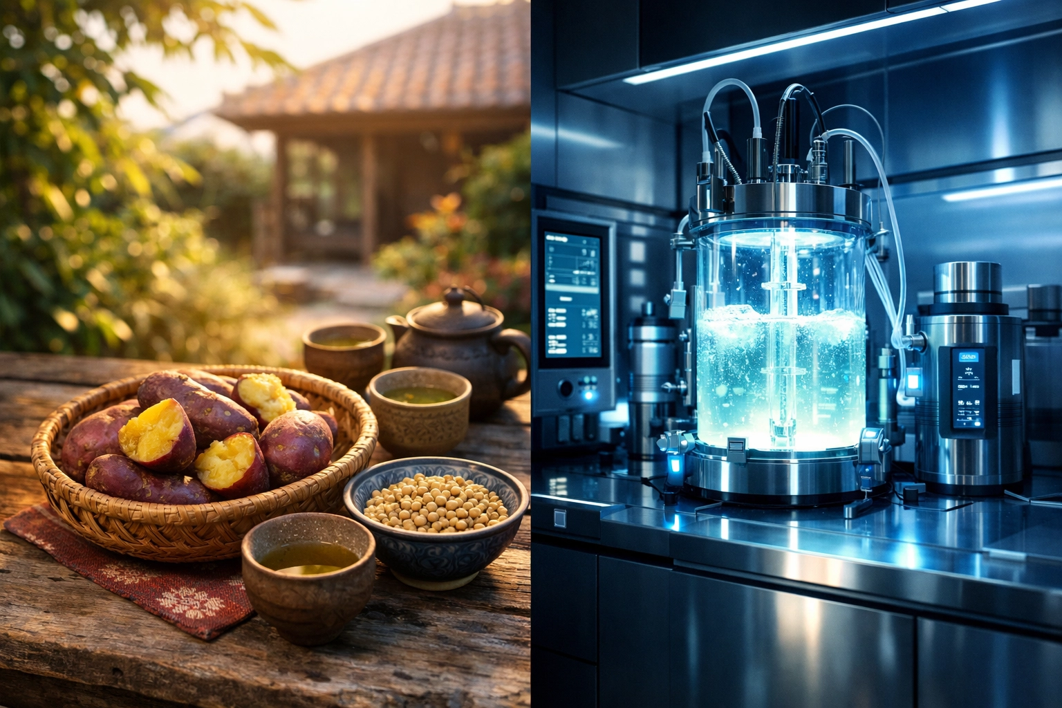 Comparison of traditional Okinawan longevity diets and modern laboratory-based plant nutrition technology.