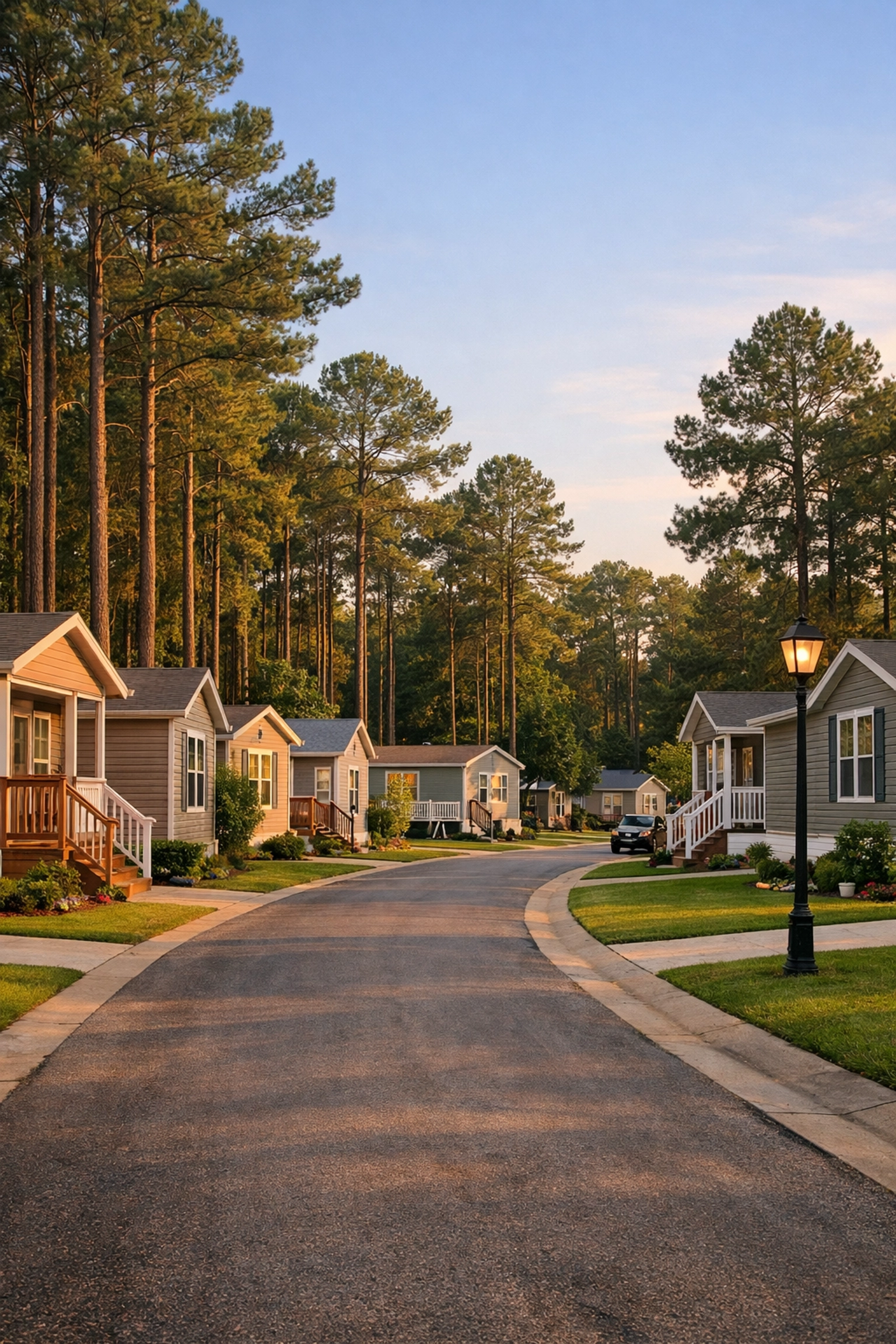 Street view of modern manufactured homes and tall pine trees in Crosby Texas.