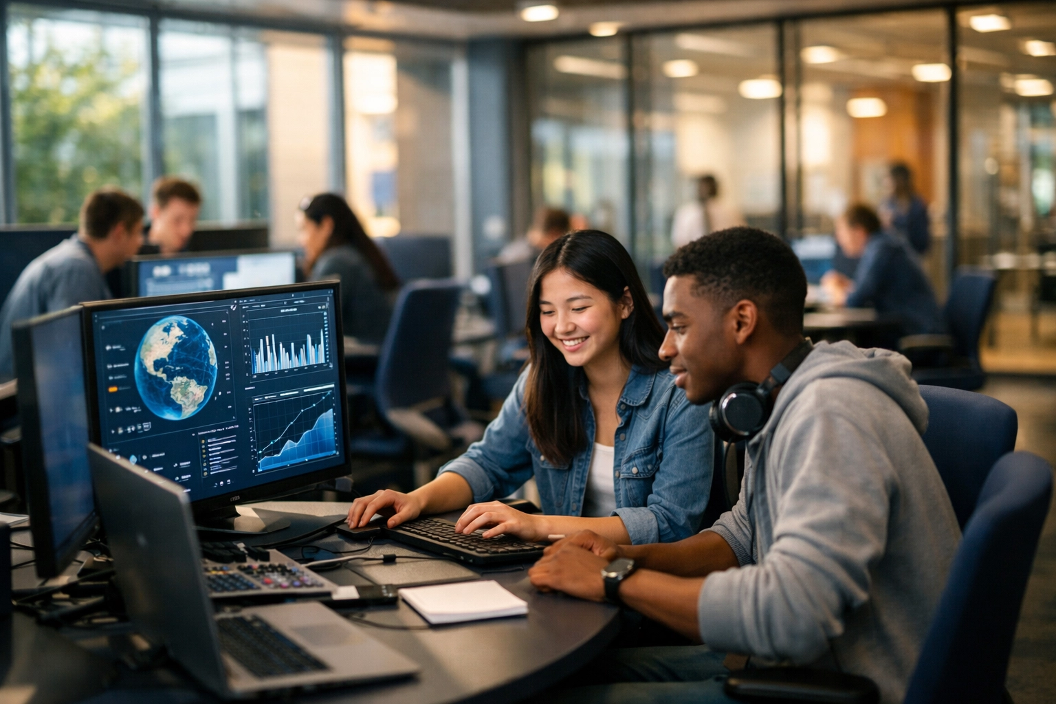 Modern learning pod with collaborative workstations where students work together on professional equipment