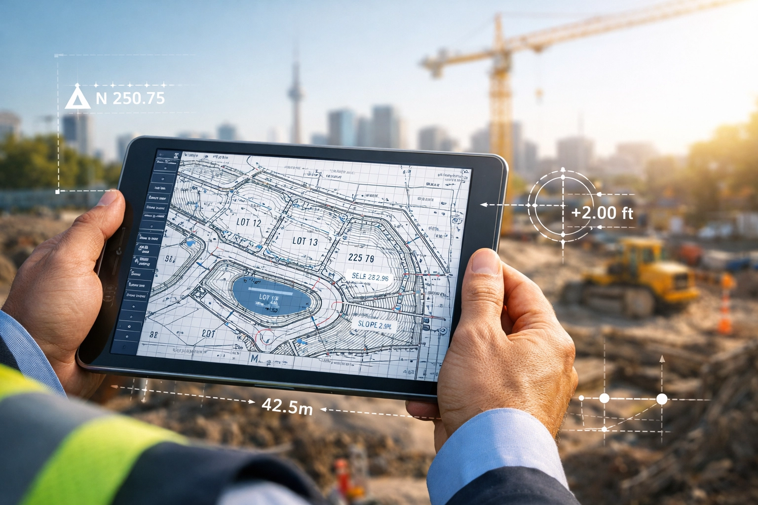 Engineer using a digital tablet to review a site grading plan for a GTA building permit application.