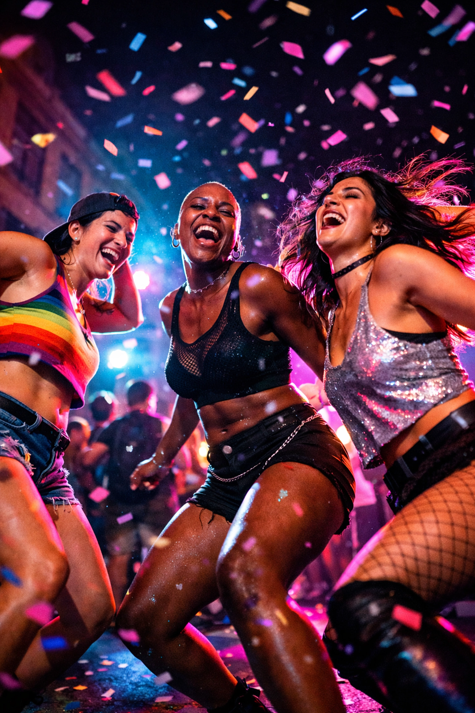 A vibrant group of queer women dancing at a night celebration, illustrating radical queer joy and community.
