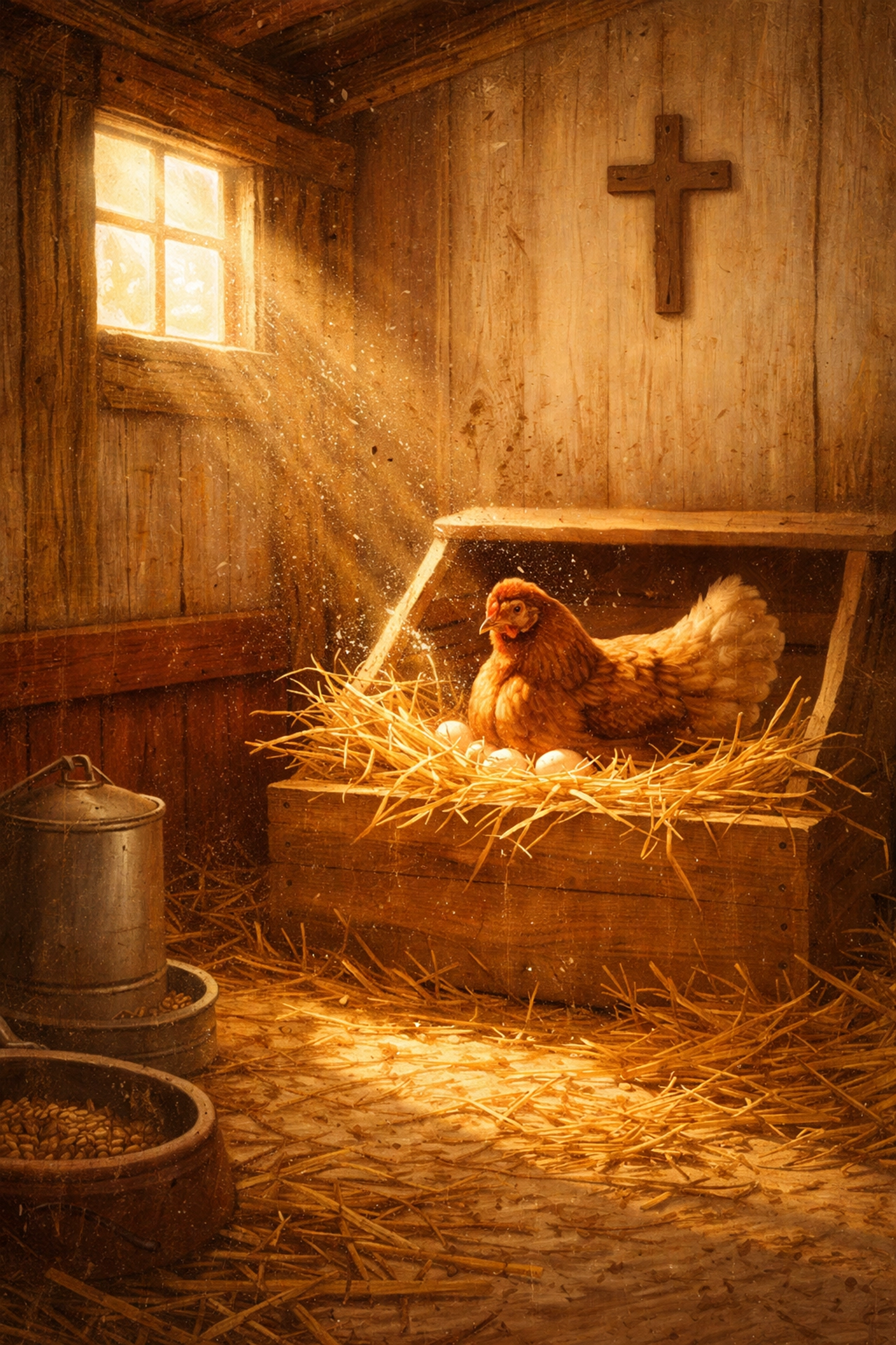 Sunlit hen nesting in straw inside a peaceful chicken coop, illustrating consistent stewardship and farm faithfulness