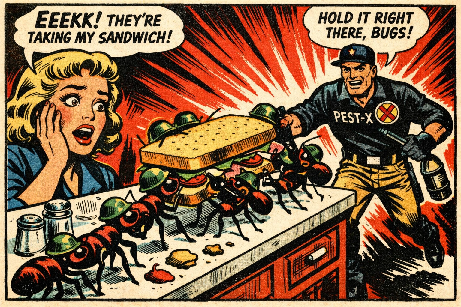 Comic illustration of professional ant control services in Winston County stopping a kitchen invasion