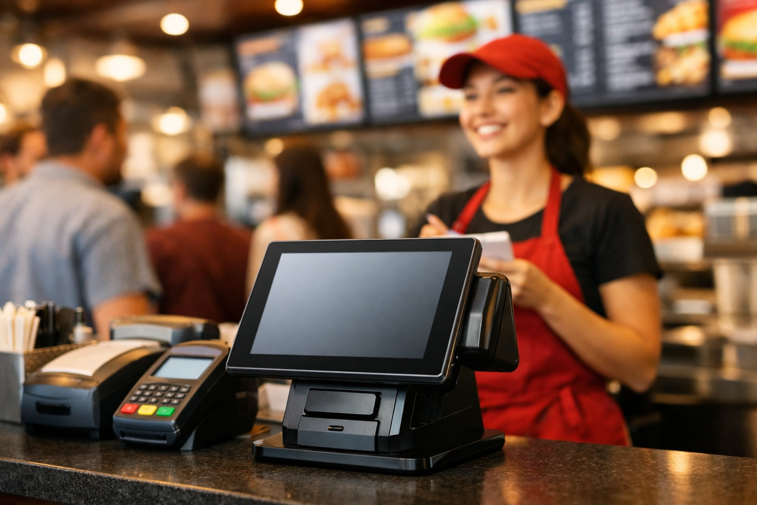 Modern POS terminal at busy takeaway shop counter with staff serving customers