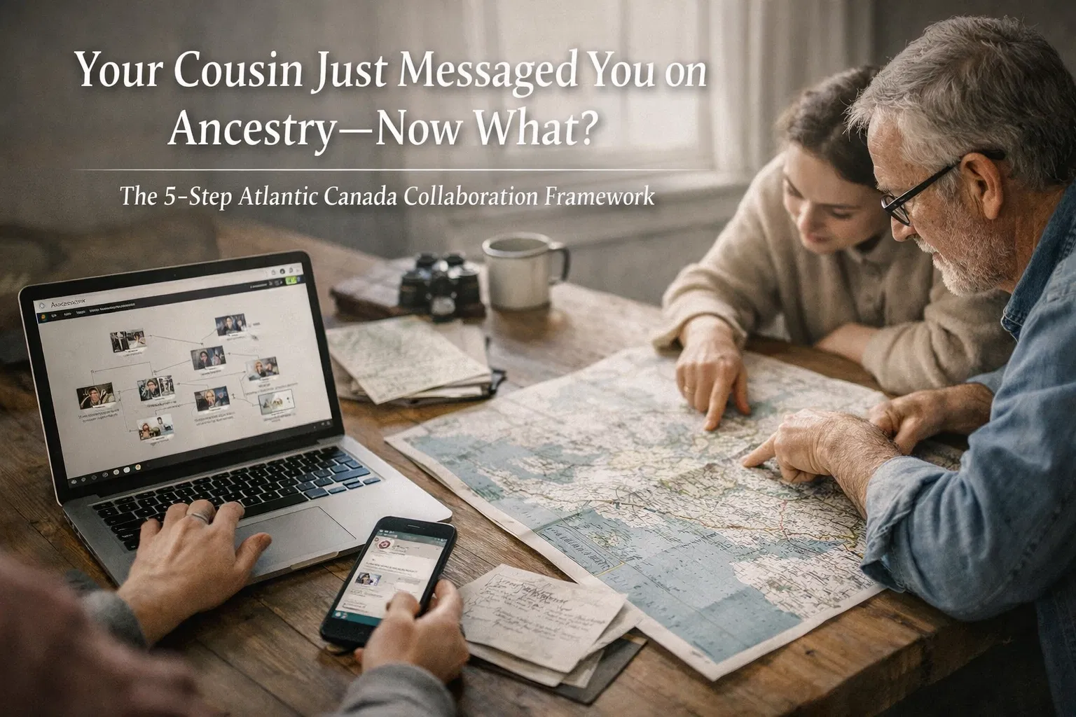 Two people collaborate on genealogy research at a table with a laptop displaying a family tree, a smartphone showing a genealogy message, handwritten notes, and a map