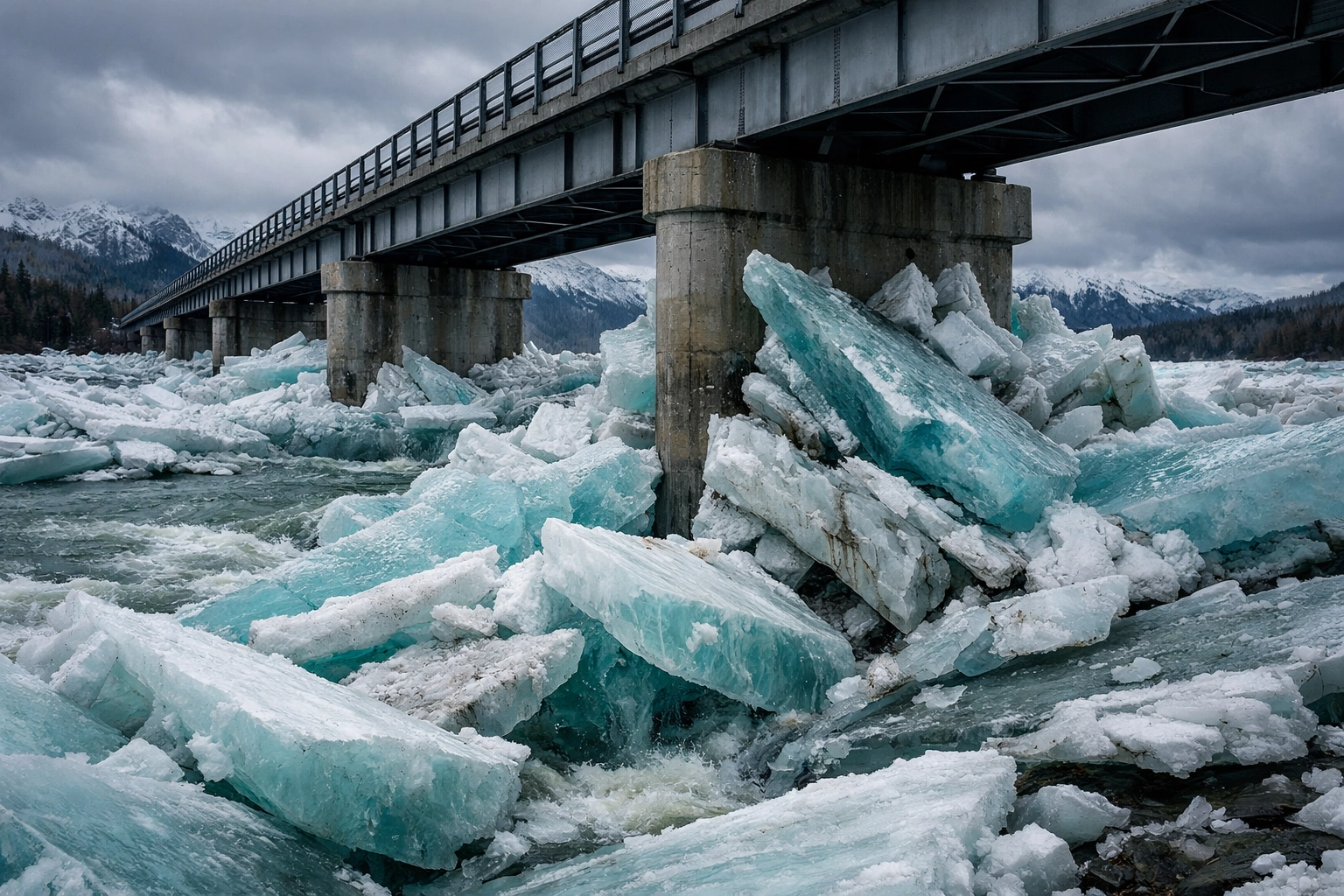 An Alaskan river ice jam illustrating how a DDoS attack overwhelms business digital infrastructure.