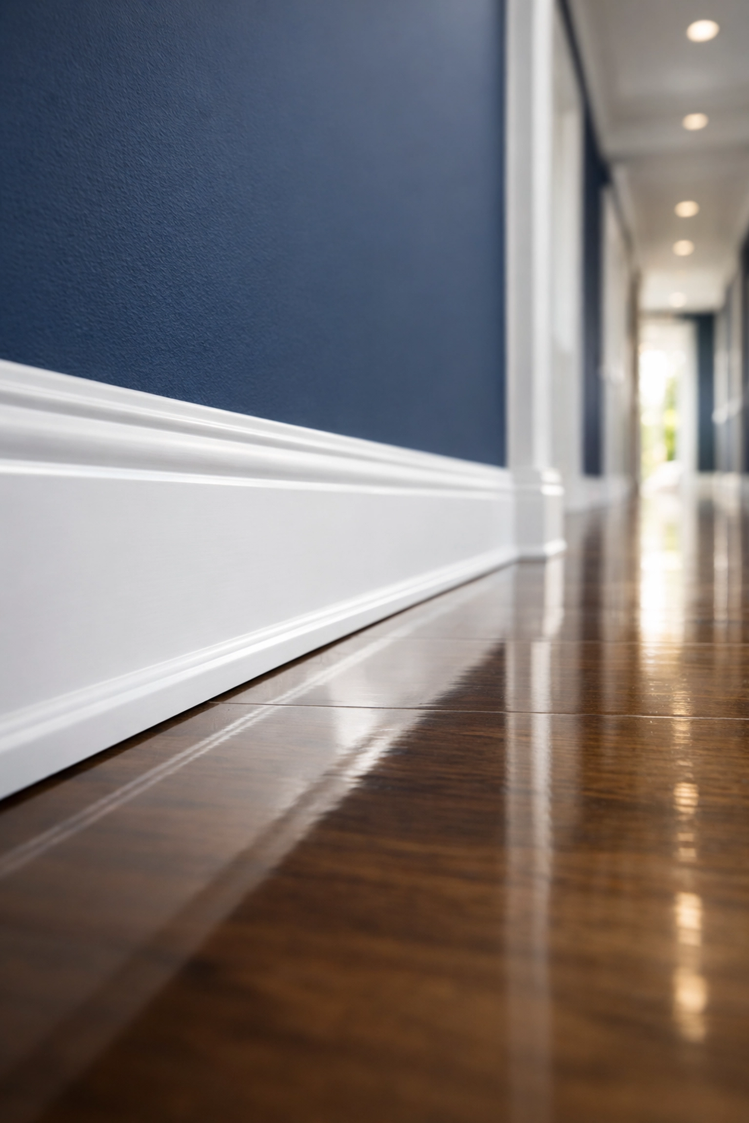 Detail-focused apartment move-out cleaning showing spotless white baseboards and polished floors.