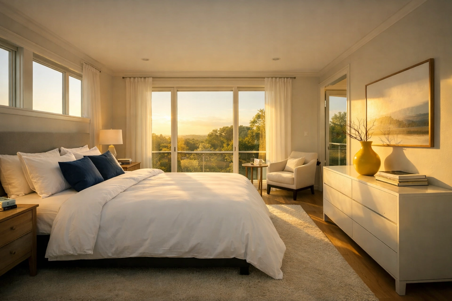 A tranquil, spotless master bedroom in a Massachusetts estate after professional house cleaning services in MA.