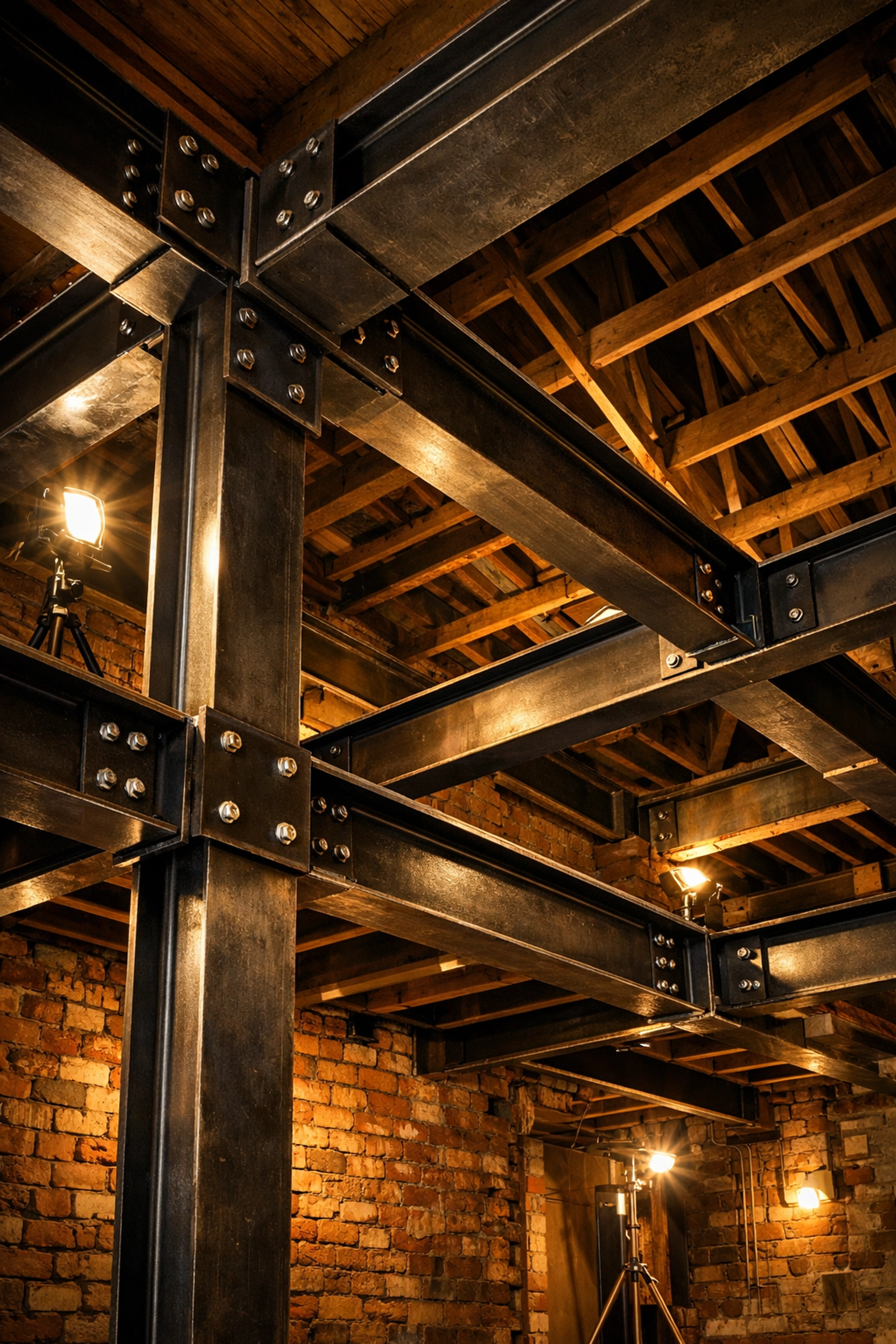 Structural steel RSJ beams installed for a second-floor bungalow extension by West Sussex builders.