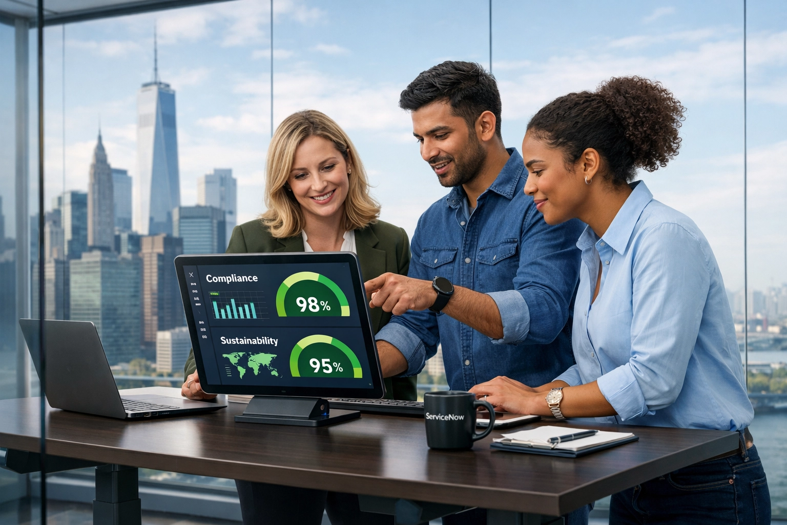 Professional team reviewing ServiceNow DORA and ESG compliance dashboards in a modern workspace.