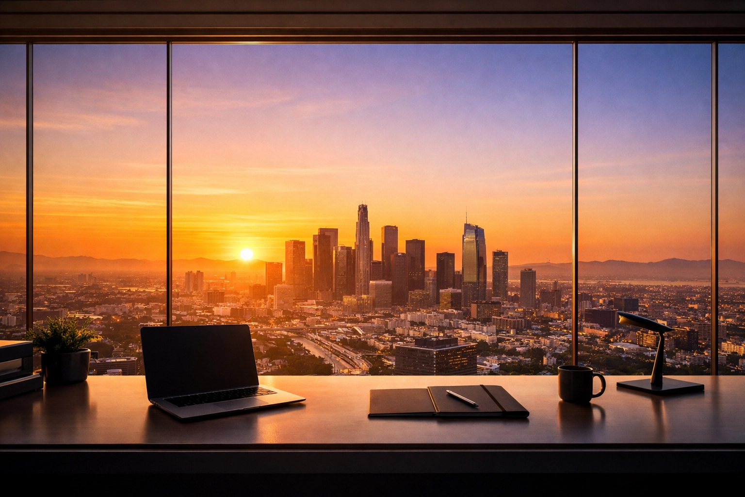 A sunlit executive office overlooking a city skyline, representing a successful property management business exit.