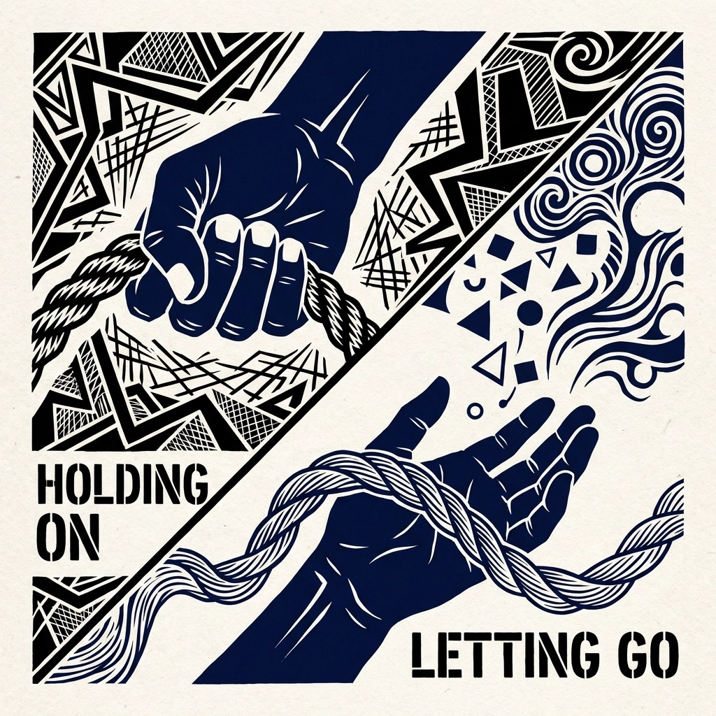 Two hands in a tug-of-war, contrasting control and surrender, representing the struggle between faith and letting go.