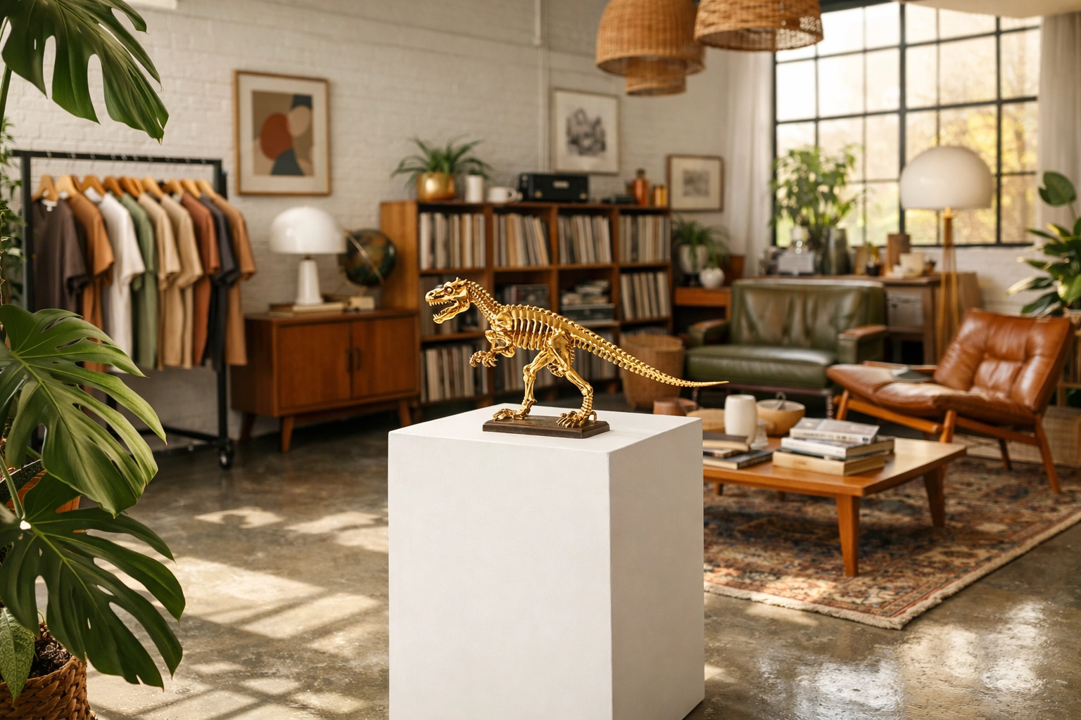Eclectic boutique loft with a gold dinosaur sculpture, vinyl records, and curated lifestyle apparel.