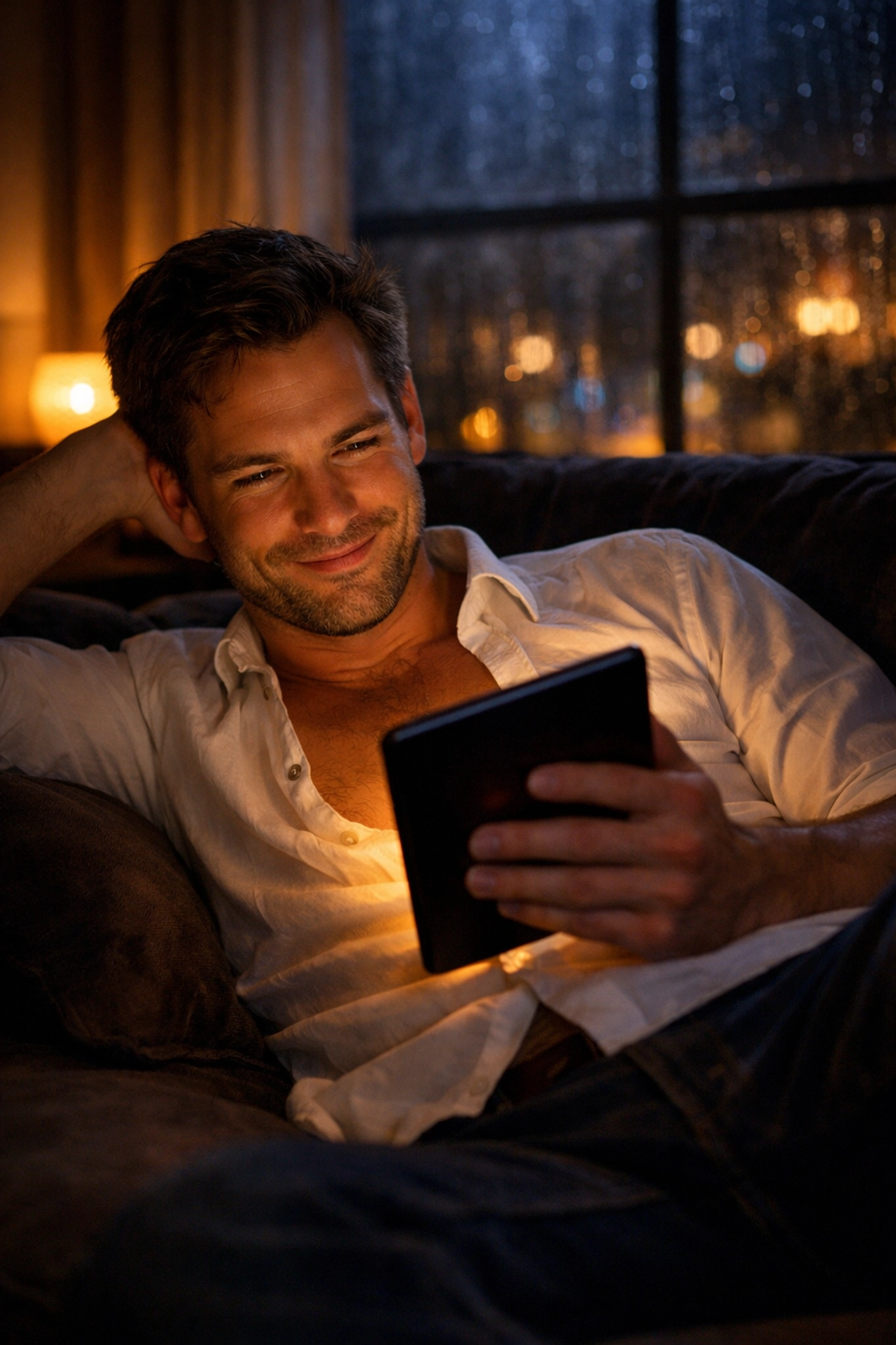 A man enjoys reading a steamy LGBTQ+ ebook on his tablet, capturing the thrill of queer fiction.