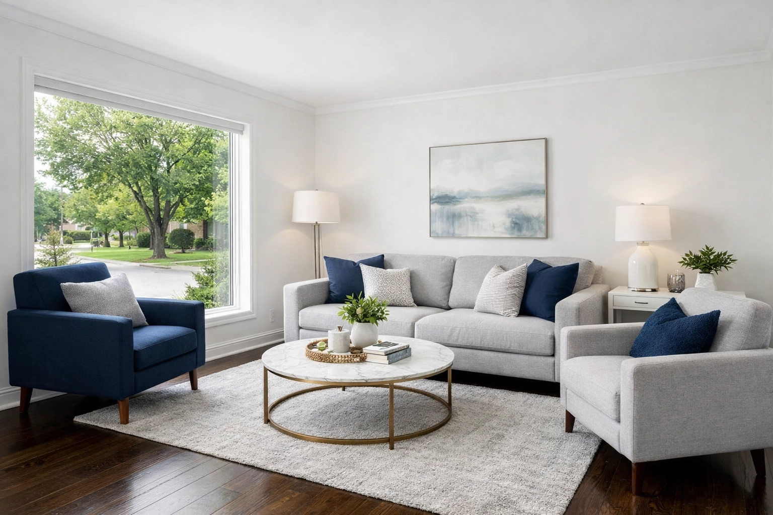 Renovated and staged modern living room in a Cleveland turnkey investment