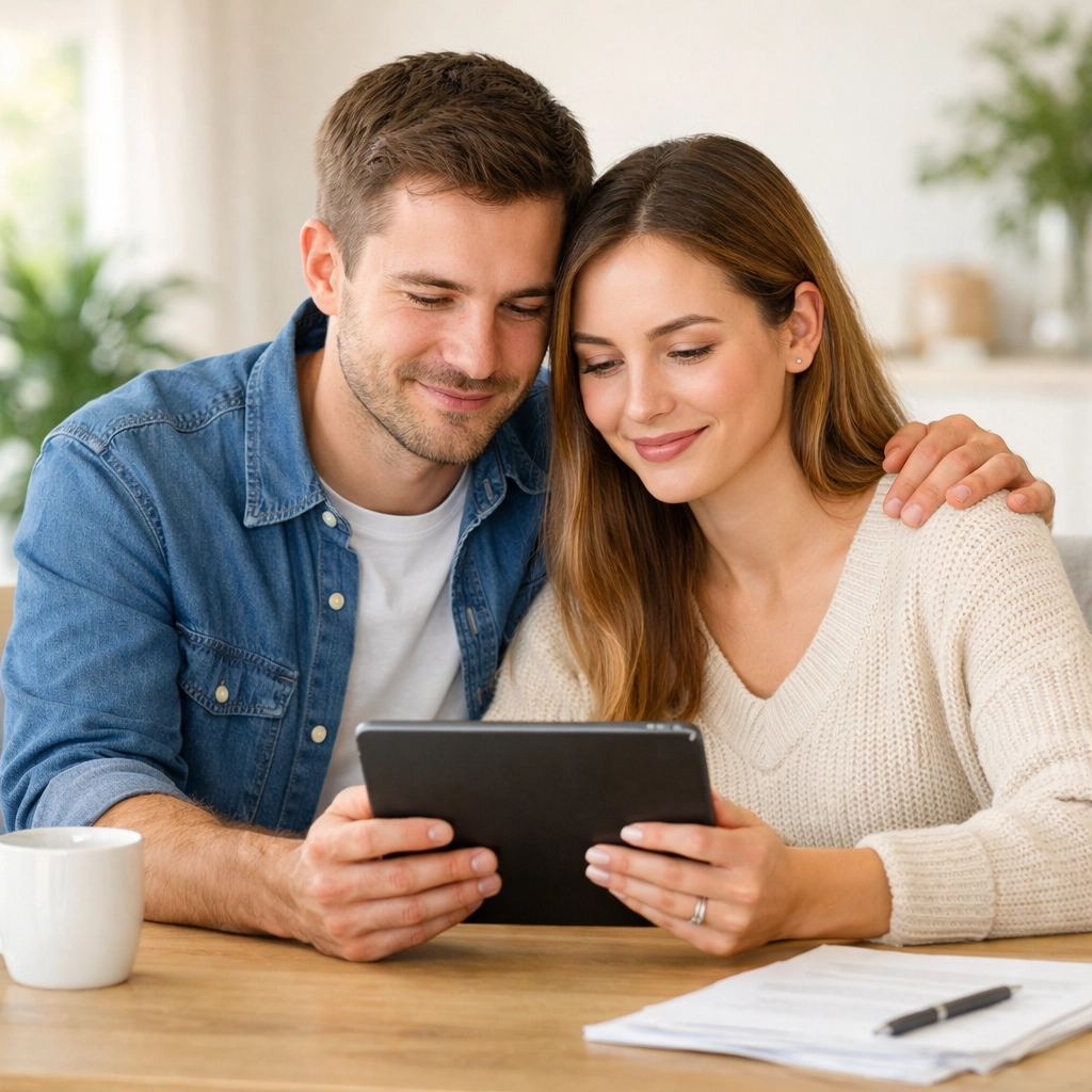 A young couple smiling while managing their budget and installment loan payments on a tablet.