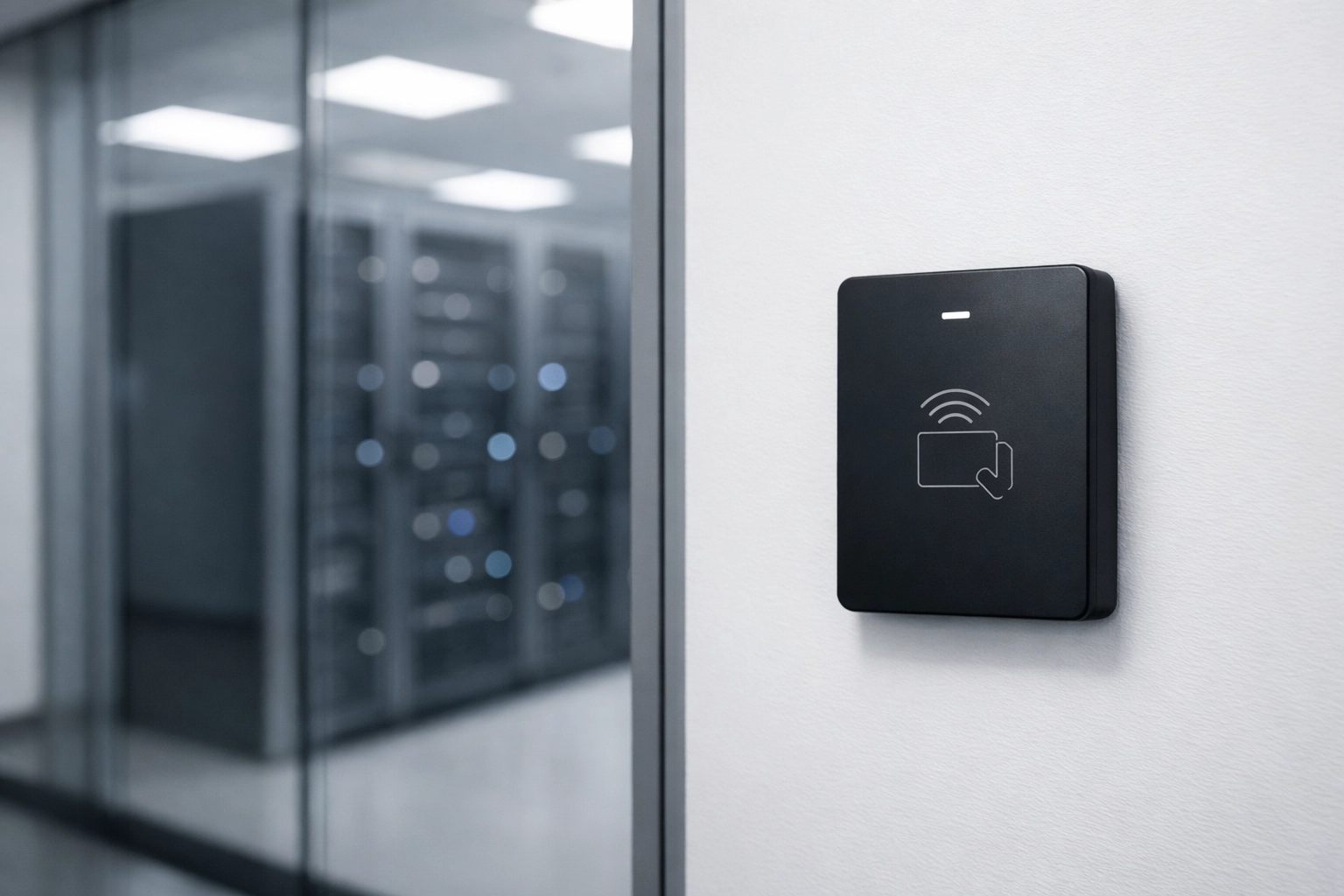 Modern office server room with access control panel illustrating ERO physical and cyber security measures.
