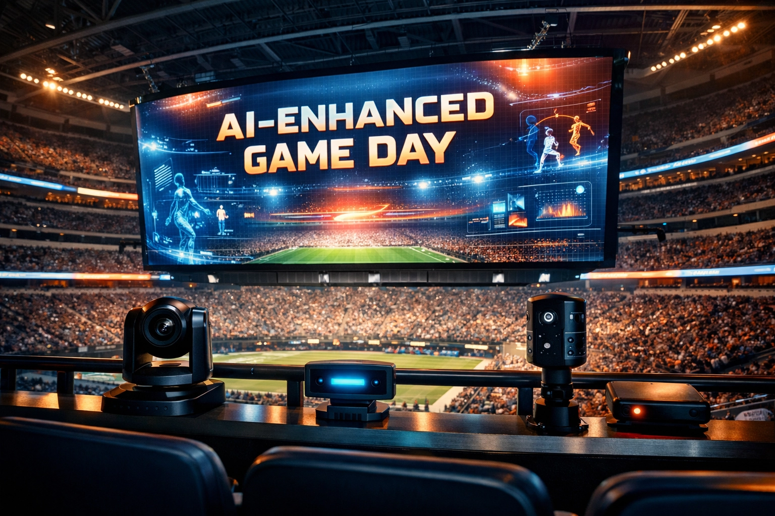 AI-powered sports stadium with digital jumbotron and smart venue technology for personalized marketing