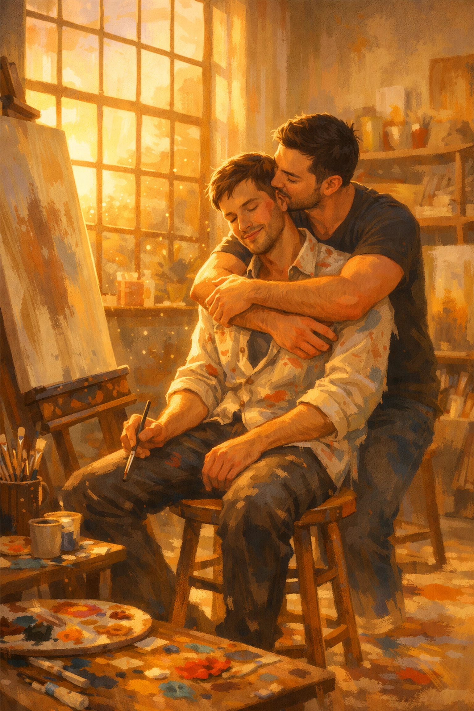 A romantic embrace between two men in an art studio, a tender scene from a 2026 gay love story.