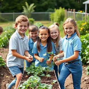 Five elementary-aged students in light blue Cornerstone Preparatory Academy polos work together in a vibrant school garden