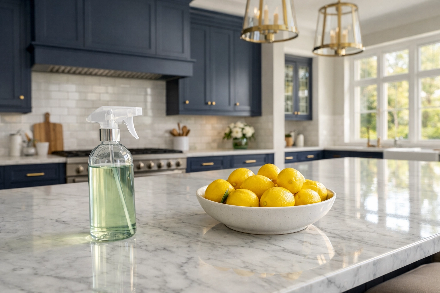 Professional luxury house cleaning in Andover using eco-friendly products in a high-end estate kitchen.