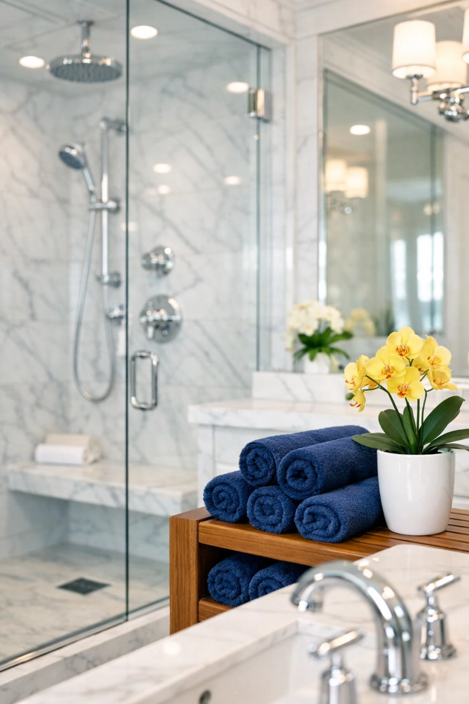 Sparkling clean marble bathroom and glass shower provided by House Cleaning Millbury MA.