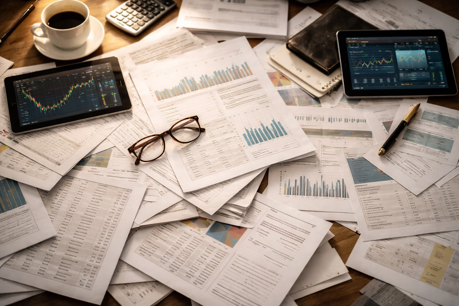Overhead view of a cluttered investor desk symbolizing overly complex and over-diversified investment portfolios