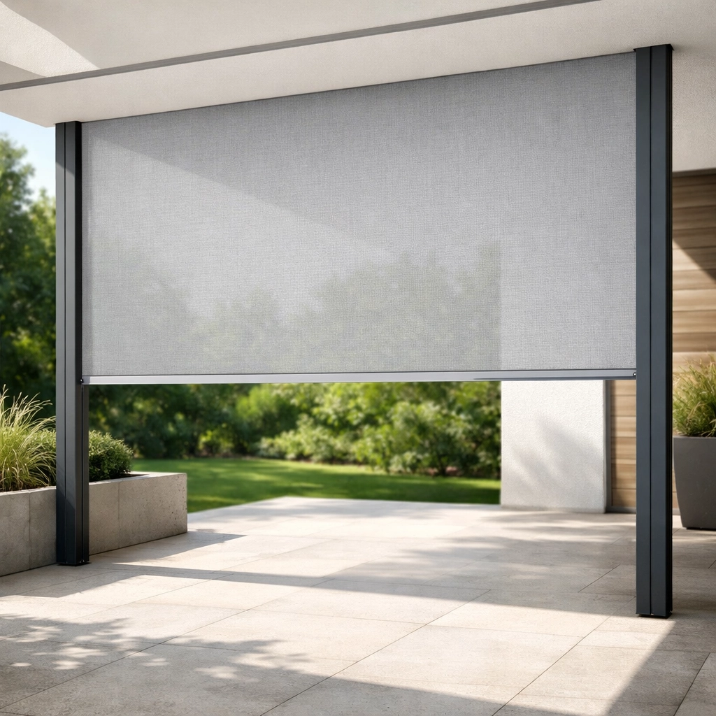 Integrierte Senkrechtmarkise an einer Terrassenüberdachung als Wind- und Sichtschutz.