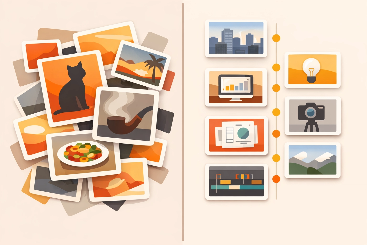 Comparison of a cluttered phone camera roll versus an organized construction photo timeline for contractors.