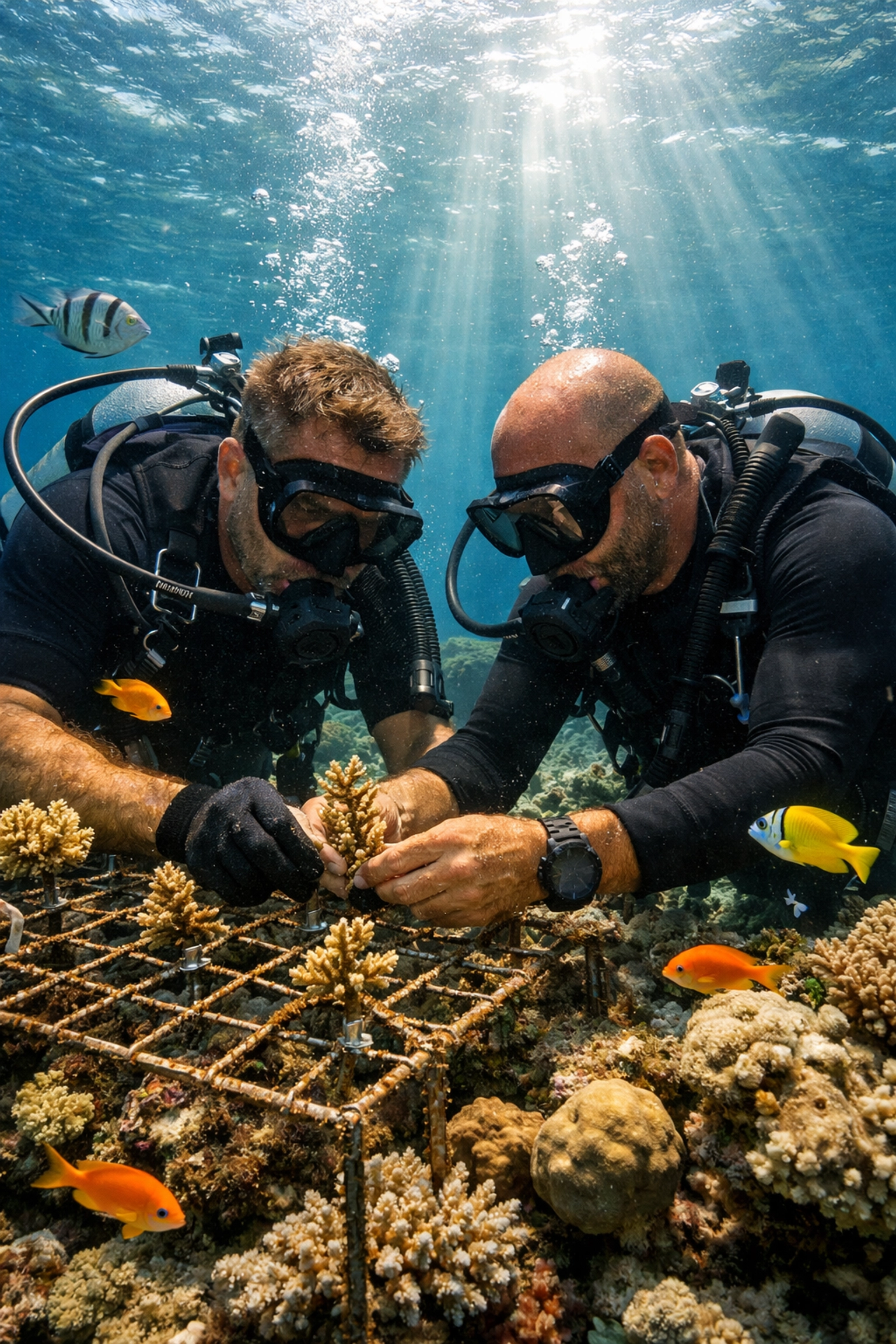 LGBTQ+ divers planting coral fragments on reef for marine conservation and biodiversity restoration