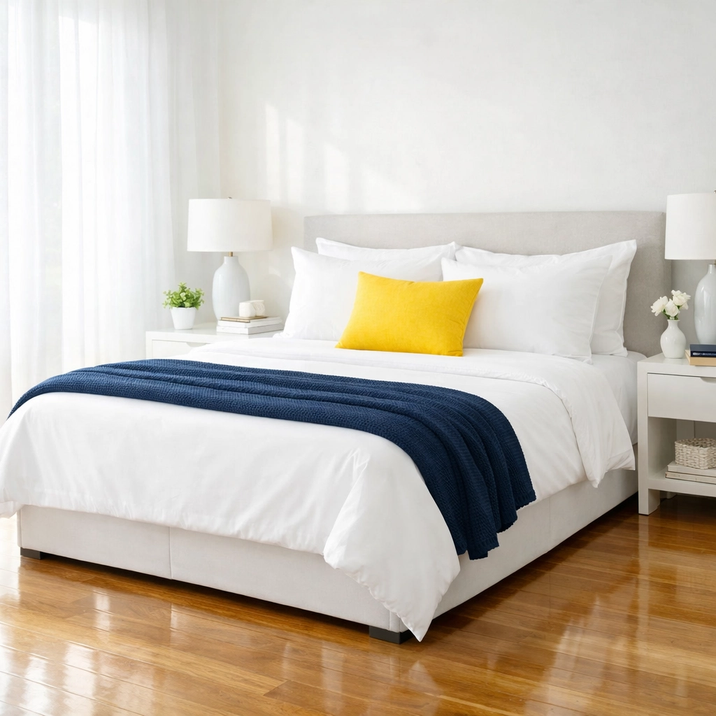 Pristine master bedroom with polished floors, showing the results of regular house cleaning services.