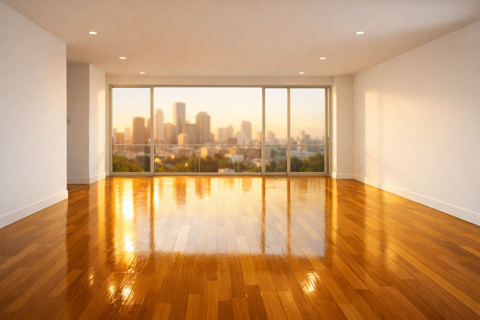 Sunlight reflecting off polished hardwood floors in a clean, move-in ready modern apartment living room.