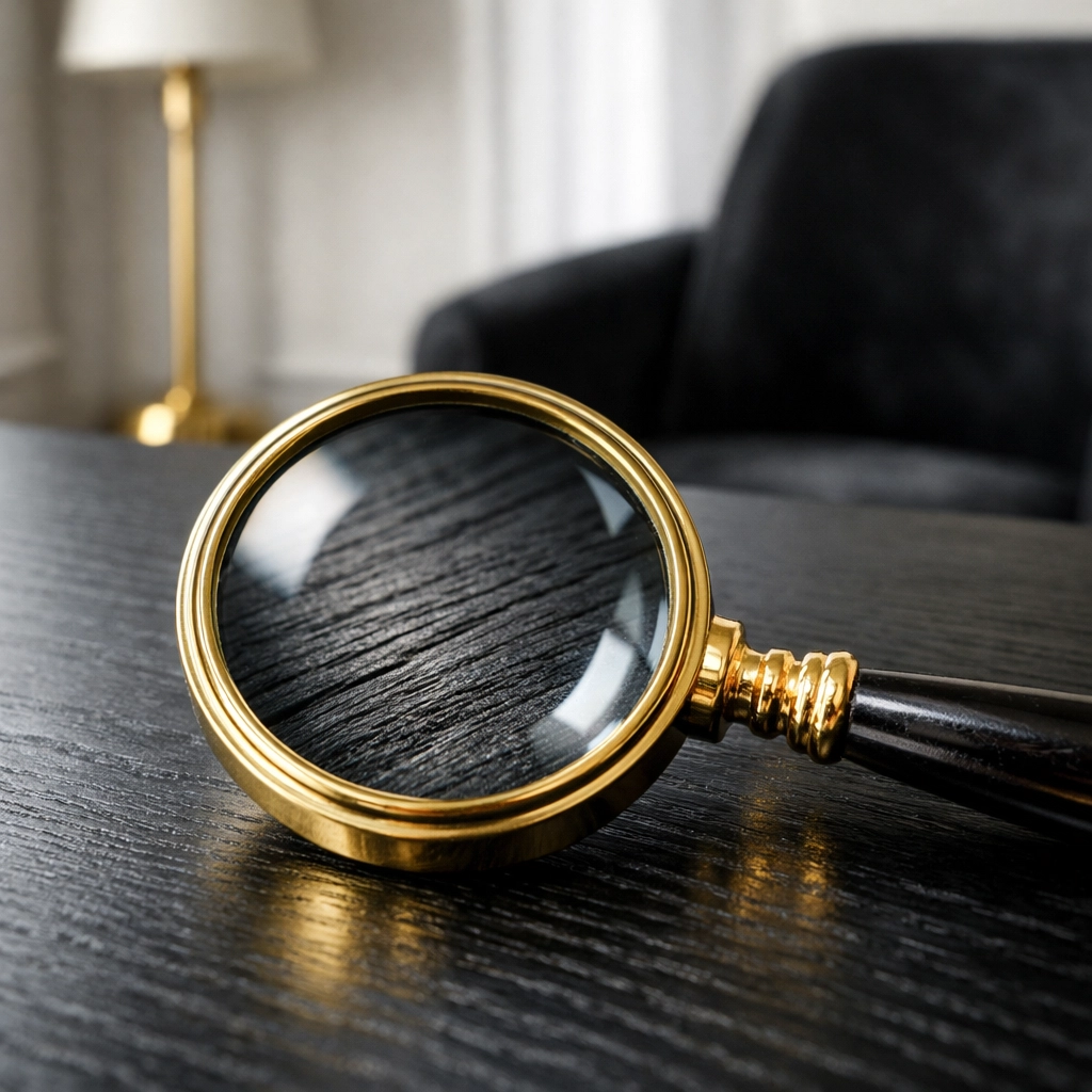 Forensic property inspection showing a magnifying glass on a wood surface in a modern London apartment.