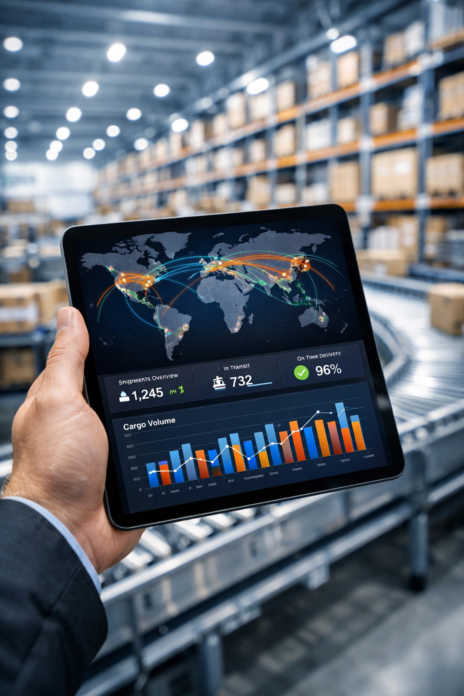 Logistics manager using a tablet to monitor real-time shipping data in a modern automated warehouse.