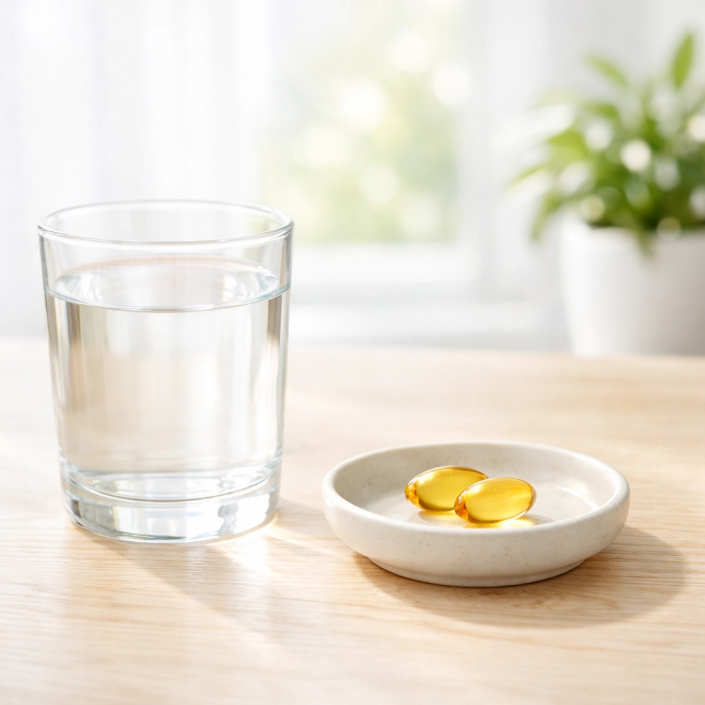 Golden lutein complex softgels and water on a table, representing a daily eye health routine.
