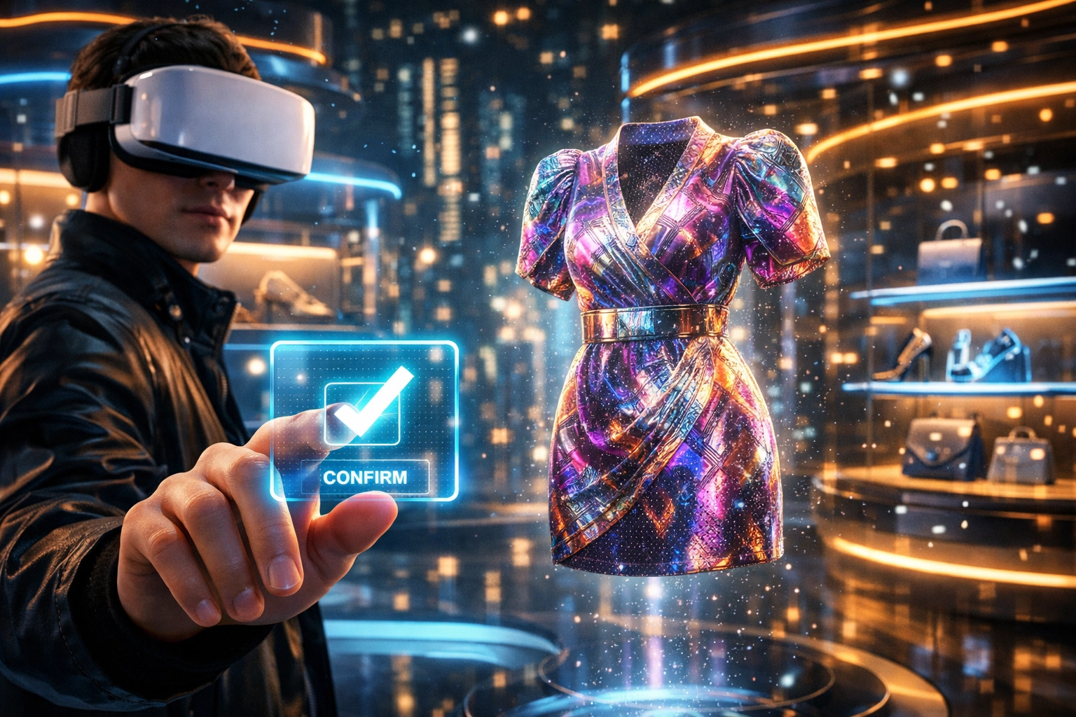 Person using gesture-based checkout in a virtual boutique for seamless Metaverse Web3 shopping.