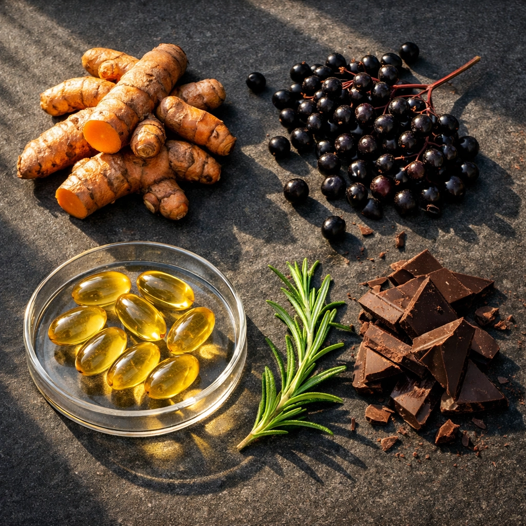 Anti-inflammatory longevity supplements and whole foods like turmeric and elderberries to combat systemic inflammaging.