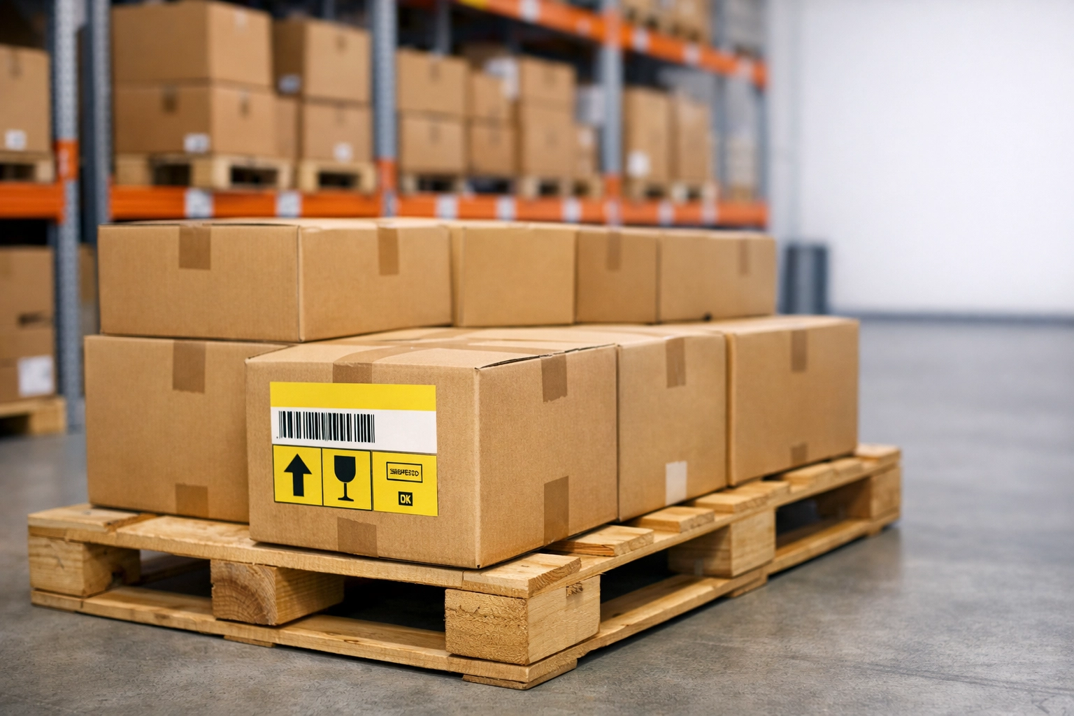 Shipping boxes on a wooden pallet in a professional warehouse showing wholesale logistics and inventory management.