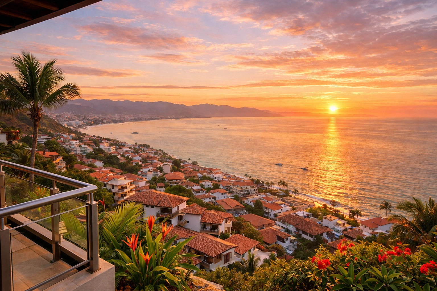 Panoramic sunset view of Banderas Bay from Amapas hillside condo balcony in Puerto Vallarta