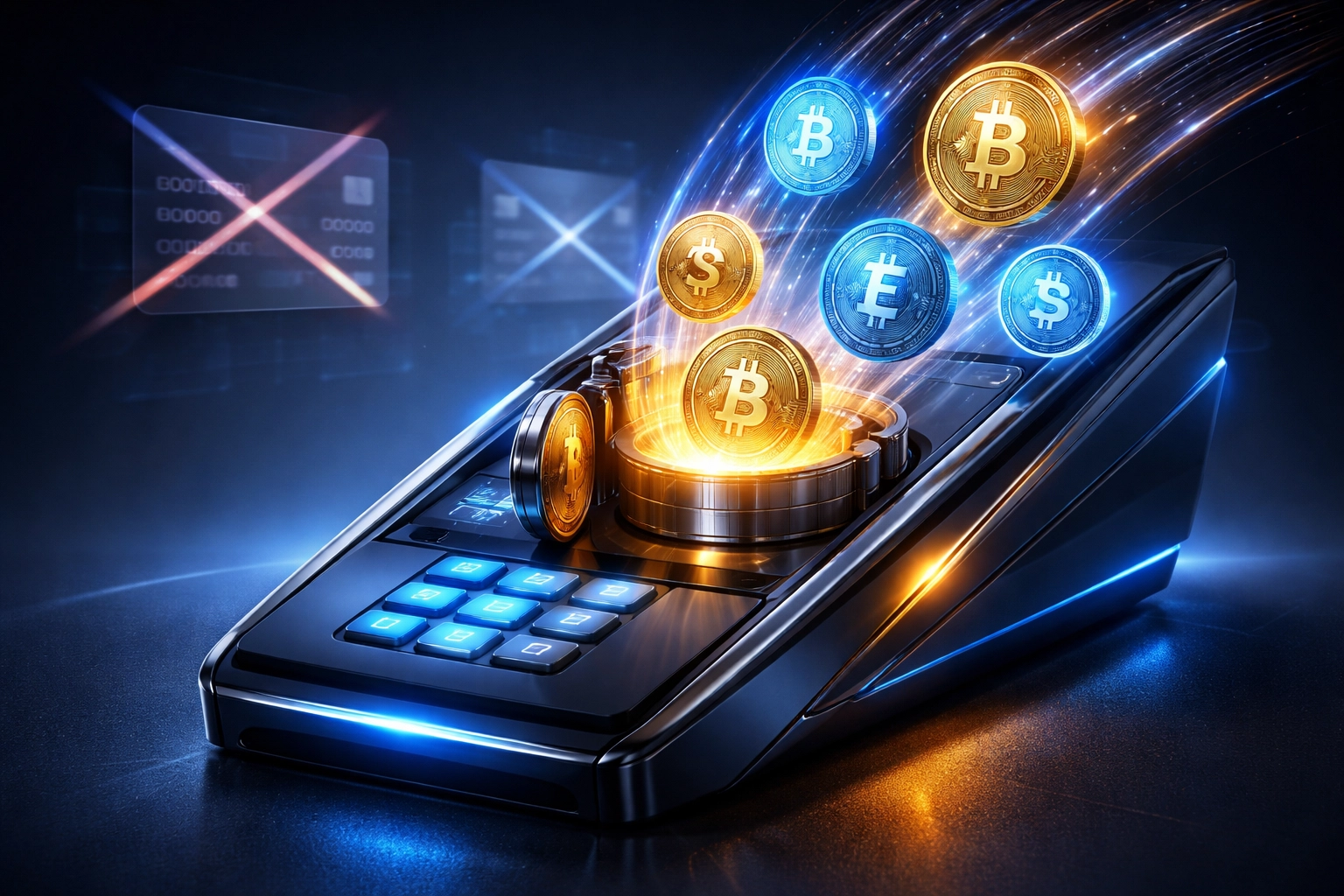 Digital wallet receiving crypto payments bypassing traditional credit cards, highlighting reduced payment fees